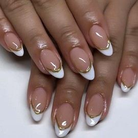 Almond Press on Nails Medium Length Fake Nails Glossy Full Cover White French Press ones with Gold Tip designs Nude Stick on Nails Reusable Gel Glue on Nails for Women False Nails 24pcs