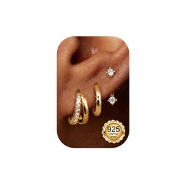 Finrezio 3 Pairs of Earrings Silver 925 Earrings Gold Hoop Earrings 14K Gold-Plated Double Hoop Earrings Hypoallergenic Golden Earrings Women's Piercing Ear Gold Earrings Jewellery for Multiple