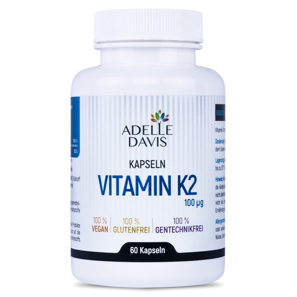 Adelle Davis® Vitamin K2 100 mcg (MK7 Menachinone), 60 Capsules, Made from Natural Ingredients, 100% Vegan, 100% Gluten Free, 100% GMO Free, Made in EU