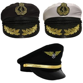 Adults Pilot Hat Fancy Dress Accessory Unisex Air Force Captain Cap Black Hat With Emblem Aviator Man