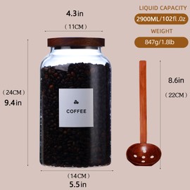 GFZYHEBEI 2 PCS Large Glass Jar with Airtight Wooden Lid Clear Glass Canisters with Spoon for Egg,Flour,Rice,Coffee,Cereal (2900ml × 2)
