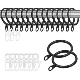 Pack of 40 Curtain Rings, Metal Curtain Rings, with 50 Pieces Plastic Curtain Hooks, for Window Curtain, Bed Curtain, Shower Curtain, Black