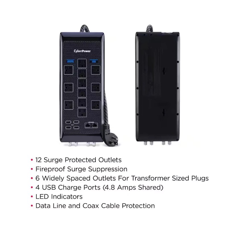 CyberPower 12-Outlet Surge Protect 6 ft. Braided Cord USB Coax,