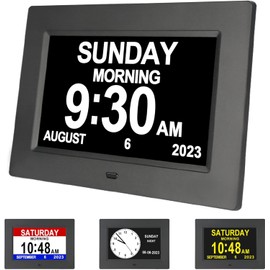 Yuanzeco Alarm Clock With Day And Date For Elderly 3Displays 7inch Digital Calendar Day Clock Photo Frame- Auto Dimmable Display 15 Alarm Options, Day Clock with Non-Abbreviated Day & Month (Black)