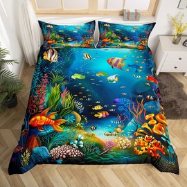 Kids Cartoon Ocean Fish Bedding Set Ocean Marine Theme Comforter Cover for Boys Girls Sea Underwater World Duvet Cover Cute Creature Sealife Bedspread Cover Room Decor Quilt Cover Queen Size