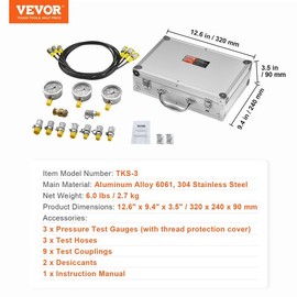 VEVOR Hydraulic Pressure Test Kit, 10/100/250/400/600bar, 5 Gauges 13 Couplings 14 Tee Connectors 5 Test Hoses, Excavator Hydraulic Test Gauge Set with Carrying Case for Excavator Tractors Machinery - Number of Test Conne: 9 PCS【3 Heads Gauge Outfits】