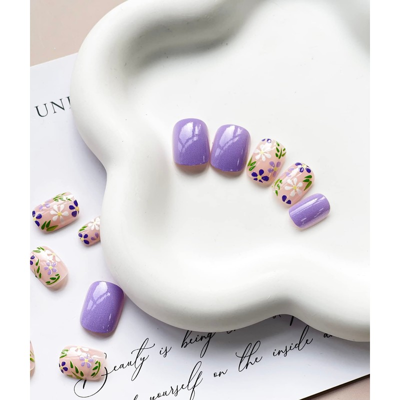 MABKJLF Press on Nails Short Square Flower Fake Nails Purple