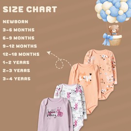 rise&Raba Baby Bodysuit Clothes 4 Pcs | 100% Cotton Long Sleeve Baby Onesies with Button and Patterned Newborn Baby Onesies | Footless Pajamas for Boys and Girls (Lila - Salmon, 3-6 Month)