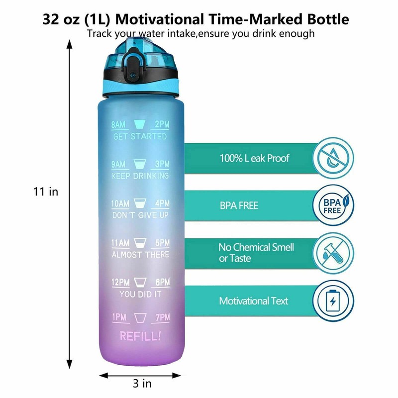 Water Bottle 1L Motivational Drink Flask With Time Markings BPA
