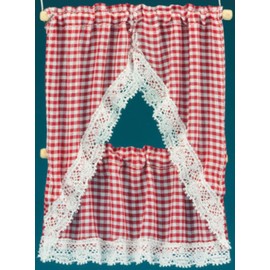 Melody Jane Dollhouse Red Gingham Kitchen Curtains & Valance on Rail Miniature Accessory