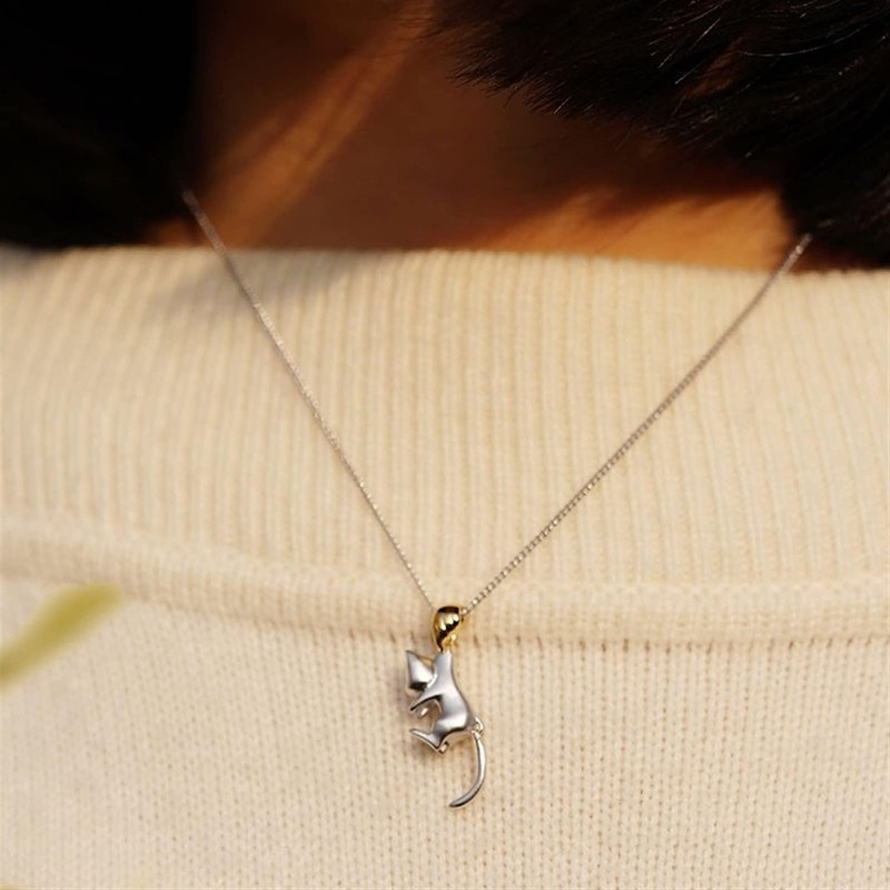 Frogsnout Necklace, Cute Cat Design, Movable Tail, Catching Eyes, Silver,