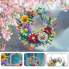 DIY Hanging Diamond Art Pendant Kit Daisy Wreath, Special Crystal Diamonds Painting Christmas Ornament Kit for Adults, 5D Diamond Art Suncatchers Gem Painting Box Kit