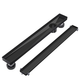 EXF Offset Linear Shower Drain 36 Inch Matte Black with Reversible Flat & Tile Insert Cover, 304 Stainless Steel Rectangle Shower Floor Drain with Hair Catcher, Adjustable Feet