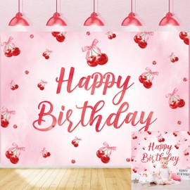 Cherry Coquette Theme Birthday Backdrop Cherries Happy Birthday Photography Background Fruits Watercolor Backdrop for Women Kids Bday Baby Shower Party Decorations (7x5FT（210x150cm）)
