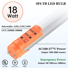 dephen Emergency T8 LED Tube 4ft with Battery Backup, 3500K/4000K/5000K CCT and 12W/15W/18W Aluminium Dual Ended G13 Bulb Integrate 5W 700LM 90min Emergency Lighting for Shop Garage Office, UL-Listed