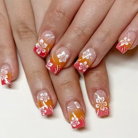 24Pcs Flower Press on Nails Orange Red Gradient French Tip Fake Nails Short Square False Nails with White Hibiscus Flower Designs Glossy Nude Glue on Nails Spring Stick on Nails for Women Girls