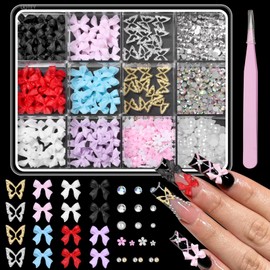 3D Bow Nail Charms and Rhinestones, Color Acrylic 3D Nail Bows Butterfly Nail Charms, Bows Blossom Flowers Nail Charms and Gems for Acrylic Nails Y2K DIY Nail Art Accessories