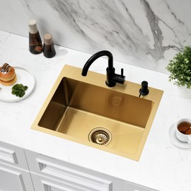 Jshozzy Gold Bar Sink, 20" x 16" Drop in Kitchen Sink 16 Gauge Stainless Steel Single Bowl Small RV Deep Basin with Drain Strainer