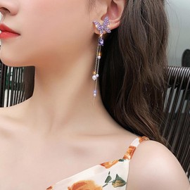 Wendalern Long Pearl Drop Earrings Sparkling CZ Diamond Butterfly Stud Earrings Purple Crystal Tear Dangle Earrings Small Pearl Butterfly Statement Earrings Wedding Bridal Jewellery For Women, Zinc