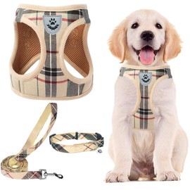 PUPTECK 犬 ハーネス リード セット 犬用 胴輪 ソフト マジックテープ付き 反射素材付き ペット用品 はーねす 引っ張り防止 抜けない 喉に優しい 調節可能 着脱簡単 軽量 メッシュ 快適 通気 手洗い 耐久性 安全 散歩 しつけ 訓練 老犬介護 人気 可愛い おしゃれ 超小型犬 小型犬 中型犬 大型犬（ベージュ チェック、XSサイズ）