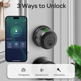 GeekTale Smart Deadbolt Lock with Passage Door Knob, Fingerprint Deadbolt with App, Twist to Lock & Unlock, Keyless Entry for Front Door