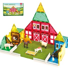 Magnetic Tiles, 50 Pcs Magnetic Building Blocks for Kids, 2.95in Large STEM Educational Construction Magnet Tiles Toy Set with Farm Animals for Preschool Boys Girls