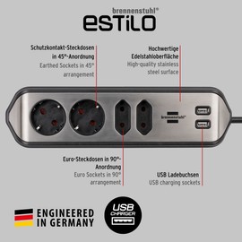 brennenstuhl Estilo Corner Socket Strip 4-Way with High-Quality Stainless Steel Surface (Corner Socket with 2x Schuko Sockets and 2x Euro Sockets, including USB charging function)., 1153590410