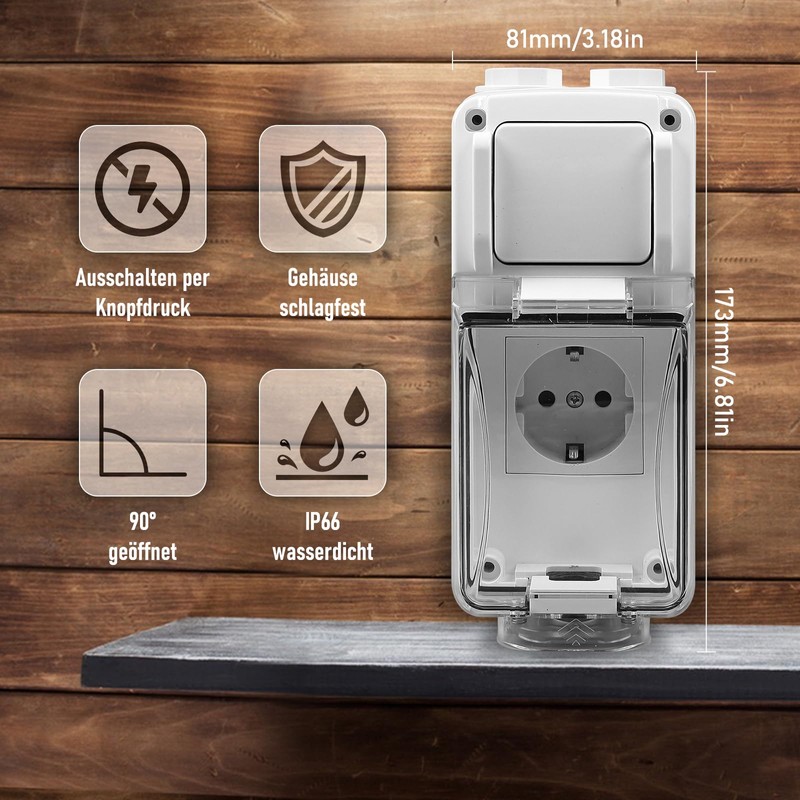 MaxEarn Outdoor Socket with Switch, IP66 Waterproof Outdoor Socket Surface-Mounted