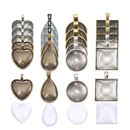 BetterJonny 48pcs Bezel Pendant Trays, 4 Shapes Pendants Trays Set Including 24pcs Charms Bezel Blanks and 24pcs Glass Cabochons for DIY Jewelry Making(2 Colors)