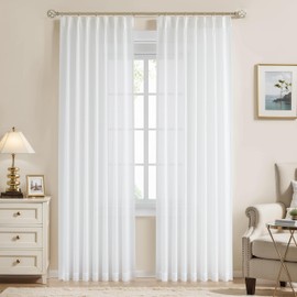 WEST LAKE 102 Inches Length White Pinch Pleated Sheer Curtain Panels for Living Room Bedroom,Rustic Linen Textured Drapes,Farmhouse Lightweight Netural Window Treatment Set,Back Tab Hooks,40"Wx102"Lx2