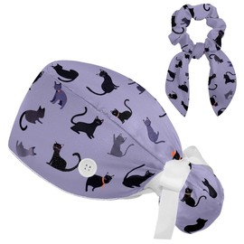 Gorras quirúrgicas para mujer, gorras quirúrgicas con botones, sombrero de enfermera de cola de caballo, gorras de frijol con pelo ajustable, diseño clásico de gatos, lindo y bonito color morado