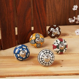 Ajuny Set of 10 Ceramic Knobs Multicolor Printed Cupboard Door Drawers and Furniture Pulls for Kitchen Cabinets Dresser Handmade Pottery Multi Floral Design Decorative Knobs