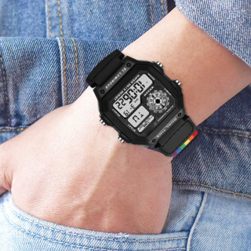 Digital Chronograph Watch Luminous Waterproof Multi Function Retro Style Square