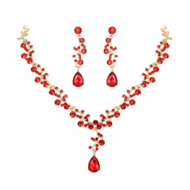 EleQueen Women's Red Rhinestone Crystal Leaf Vine Teardrop Bridal Necklace Dangle Earrings Jewelry Sets for Wedding Brides Bridesmaids