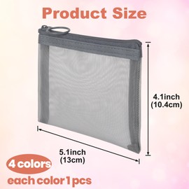 BEIQIYA 4pcs Mini Mesh Makeup Bags, Small Zipper Mesh Makeup Bags, Portable Cosmetic Pouch for Woman Purse Lipstick Keys Essentials Items Earphone Bank Cards- Gray & Pink & Blue & Yellow