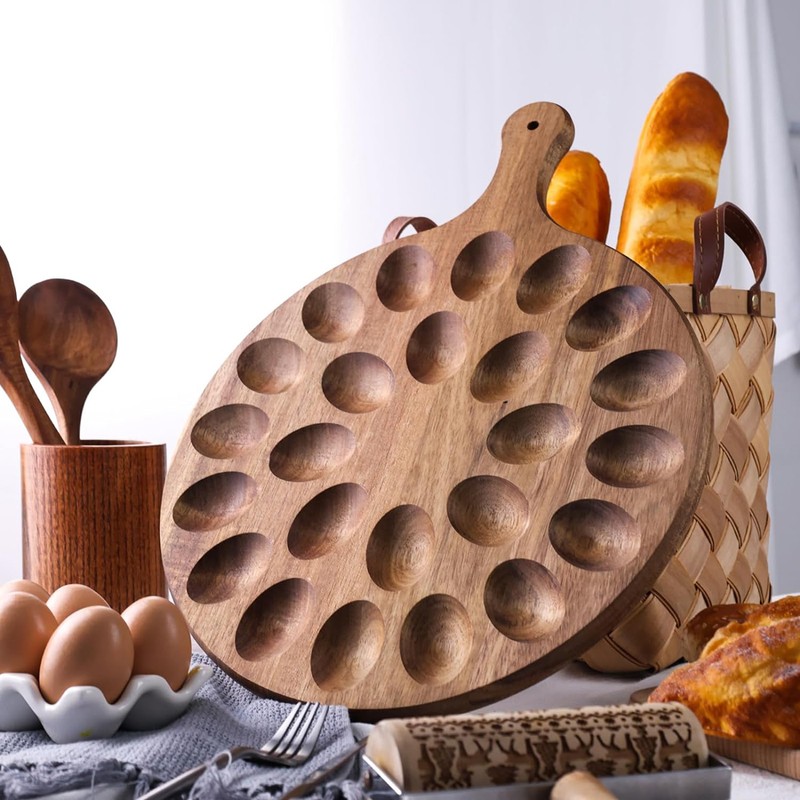 Reversible Deviled Egg Tray Multi-Holes Round Egg Platter Thickened Wooden
