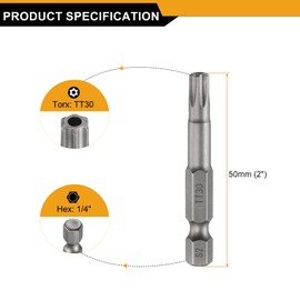 HARFINGTON 5pcs TT30 Security Torx Head Screwdriver Bit 2" (50mm) Long 1/4" Hex Shank Magnetic Tamper Proof 6 Point Star Screw Driver Drill Bits S2 Steel Hole Tip Industrial Power Tools