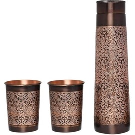 ANCIENTIMPEX Copper Water Bottle with 2 Tumblers Set, Floral Pattern Light House Shape for Ayurveda Health Benefits