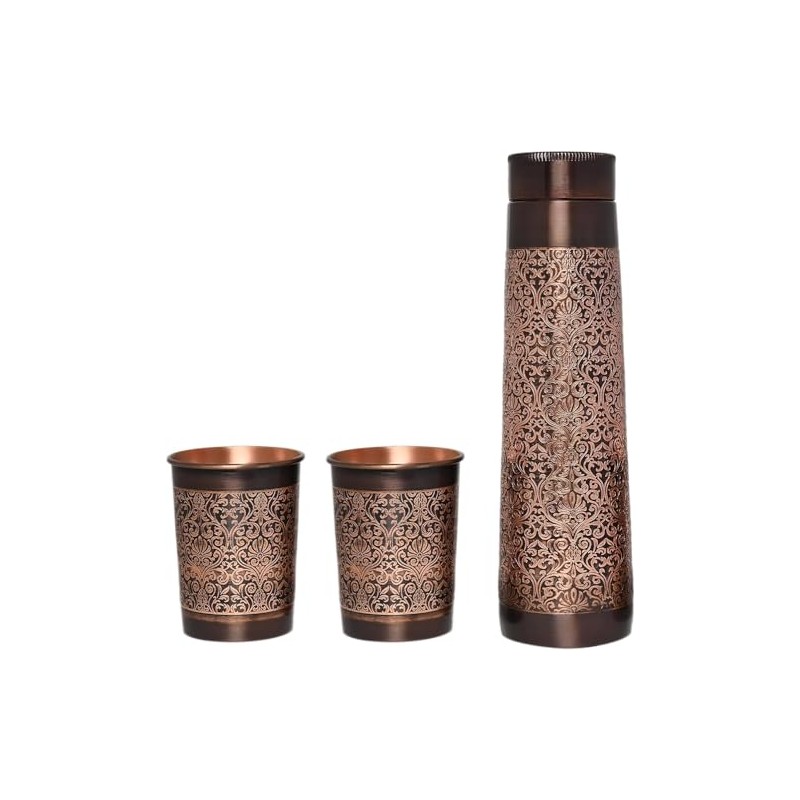 ANCIENTIMPEX Copper Water Bottle with 2 Tumblers Set, Floral Pattern
