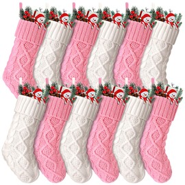 Hungdao 12 Pcs Christmas Stockings Knitted Xmas Socks Rustic Socks Double Sided Fireplace Hanging Stockings Vintage Christmas Socks for Family Christmas Decoration, Pink White(8.3 Inch)