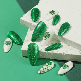 Press on Nails Almond Medium Shamrock Rhinestones Design False Nails Green Glitter Powder Heart St. Patrick's Day Fake Nails Full Cover Reusable Artificial Acrylic Nails Glue on Nails for Women