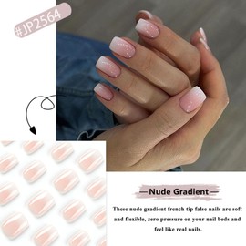 24Pcs Short Square False Nails - Nude Gradient Press on Nails French Tip - Glossy Removable Short False Nails with Glue Stickers, Full Cover Short Fake Nails Nail Art Accessories