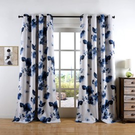 Taisier Home 84 Inch Grommet Room Darkening Window Curtain Drapes, Chinese Traditional Ink Painting Stylized Leaves and Flower,Artwork,Deep Blue Print Curtains for Living Room Bedroom and Nursery