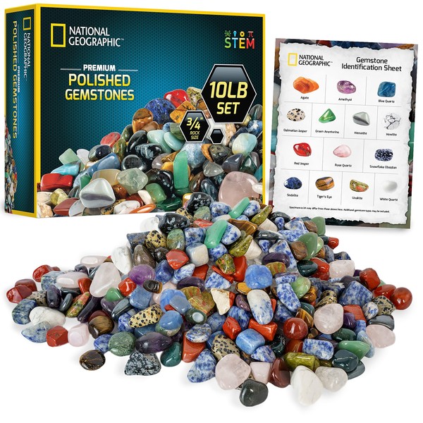 NATIONAL GEOGRAPHIC Premium Polished Stones - 10 Pounds of 3/4-Inch Tumbled Stones and Crystals Bulk, Arts and Crafts, Rock and Mineral Kit, Rocks for Kids, STEM Toys