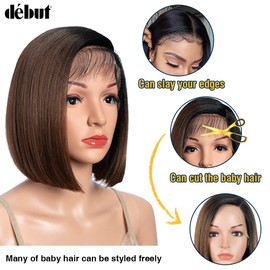 DÉBUT Asymmetrical Bob Ombre Brown Wigs Ear to Ear Lace Front with Baby Hair Short Bob Simulated Scalp Lace Wigs for Women Heat Resistant Fibers Synthetic Hair Side Parting Wig TT1B/30