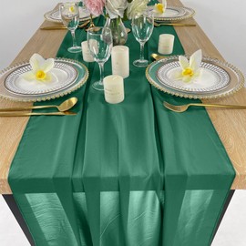 EH Linen 10ft Chiffon Table Runners 27x120 inches Romantic Sheer Wedding Table Runner Top Table Bridal Party Decoration (Emerald Green，10ft)