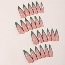 Stiletto Press on Nails Long Pointed Almond Fake Nails Green French Tips False Nails with Rhinestones and Star Designs Glue on Nails Glossy Full Cover Acrylic Artificial Nails for Women 24PCS