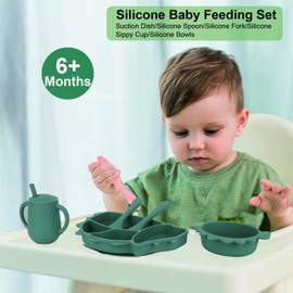 Silicone Baby Feeding Set, Hedgehog Shape Divided Plate with Suction, Toddler Self Feeding Dish Set with Spoons Forks Sippy Cup Bowl, Baby Led Weaning Supplies for Ages 6 Months and Up (Green)