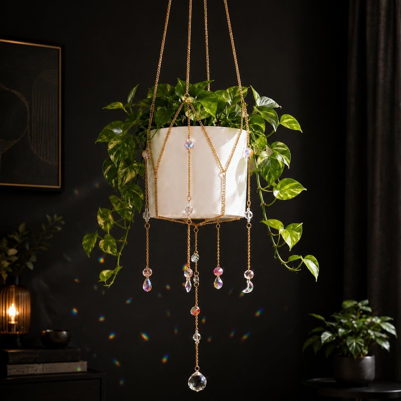 Sun Catcher Plant Hanger with Beads, Glass Crystal Ball Decor