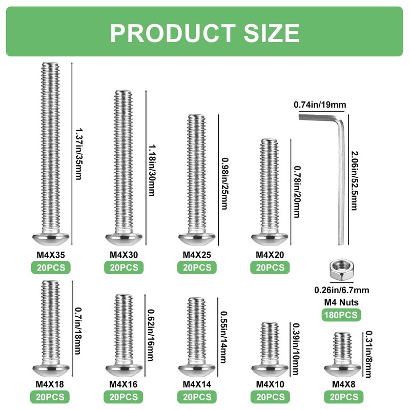 M4 Screws Set, 360 Pieces Rounded Head Hex Screws with